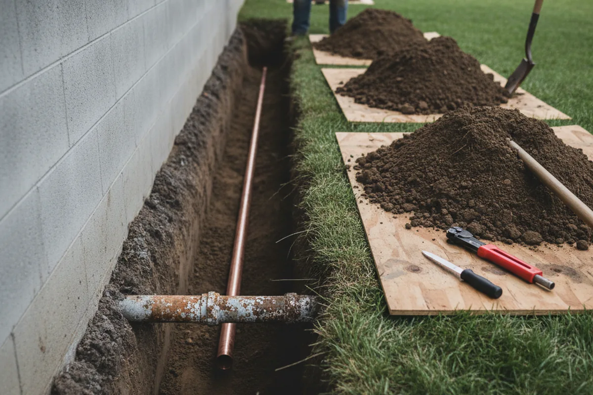 Excavated water line trench during Water Softener Installation in Council